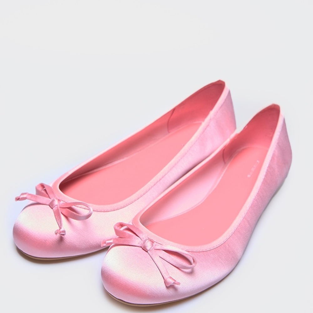 PINK SATIN ROUND TOE BOW DETAIL BALLET FLATS - Picture 6 of 7
